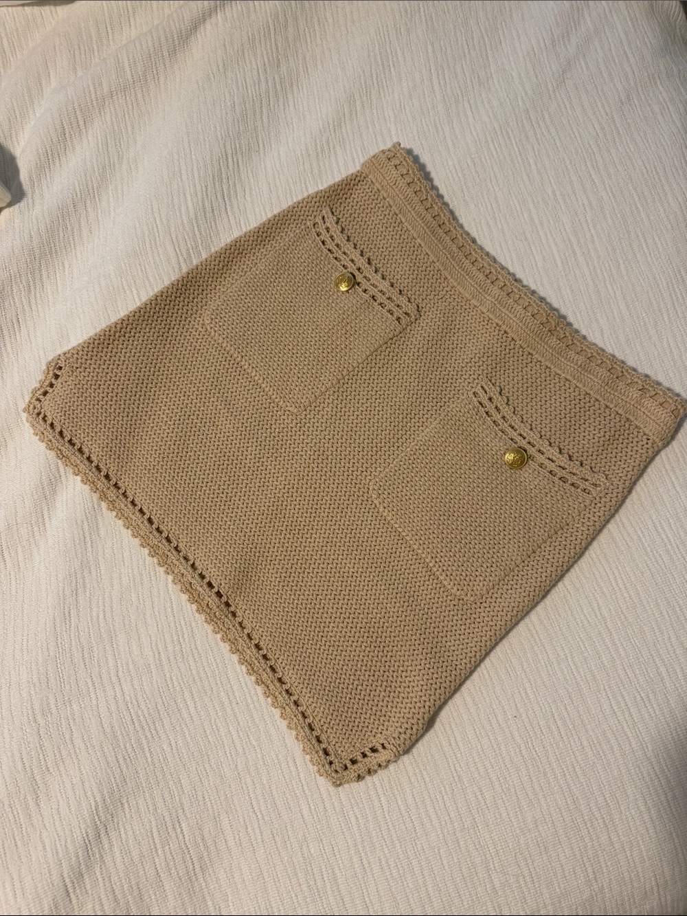 J. Crew Beige Crochet Knit Mini Skirt with Gold Buttons
